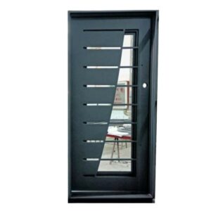 Black wrought iron glass door with ornate scrollwork.