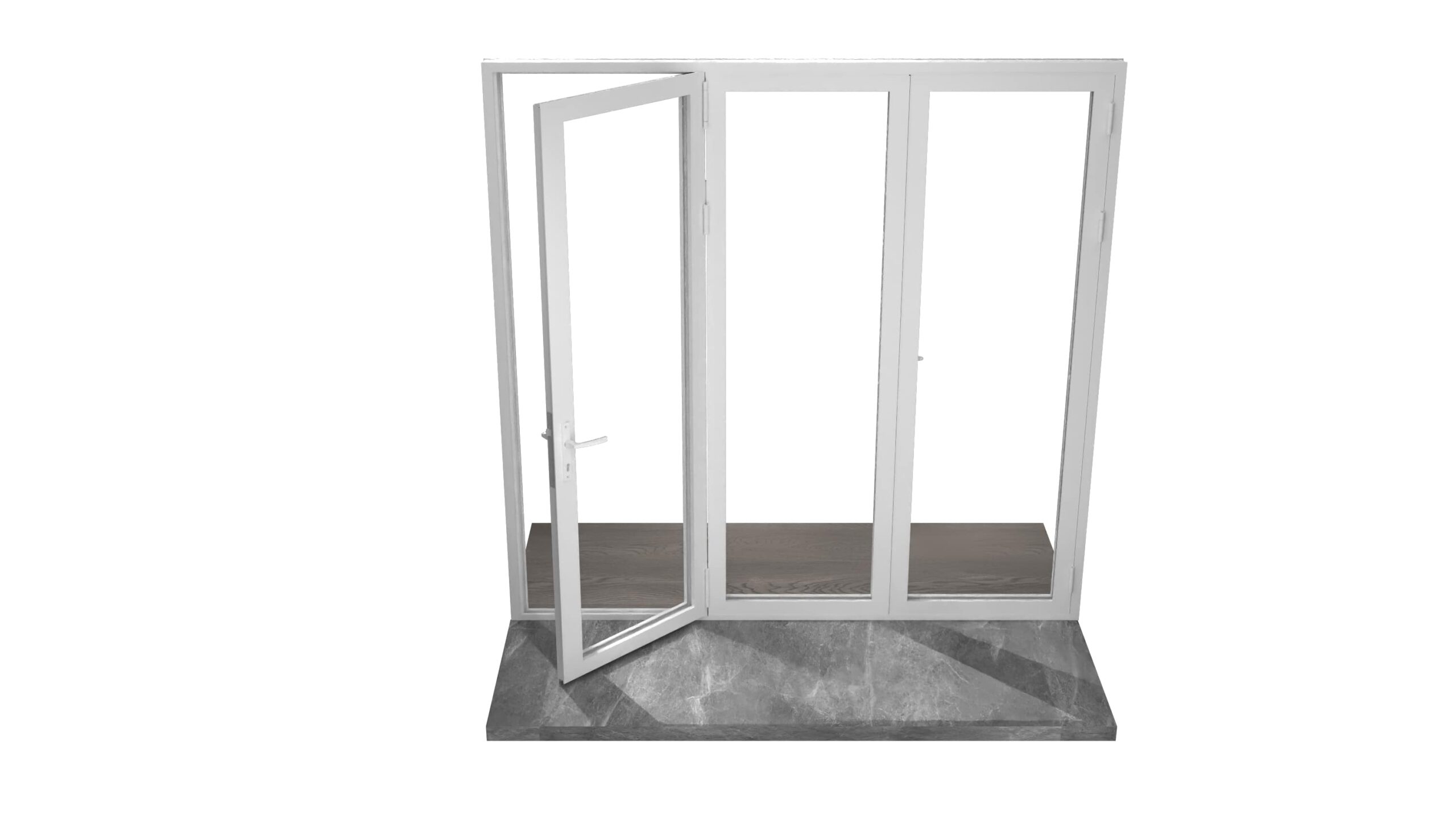 Contemporary white bifold balcony door on tiled threshold