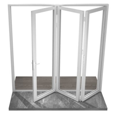 Modern bifold door in white frame for patio.