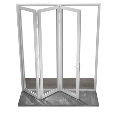 Sleek white folding glass door shown partially open.