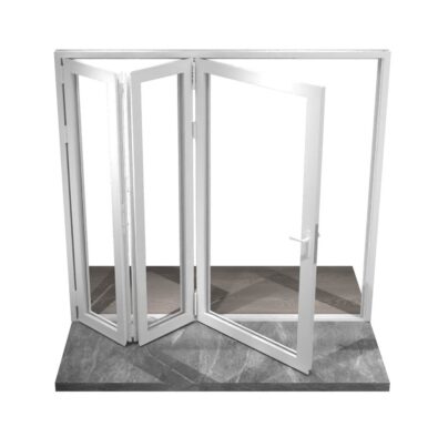 White aluminum folding door with open panels.​