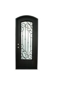 Ornate black wrought iron door with arched top and decorative scrollwork over frosted glass panel.