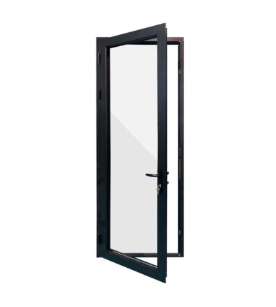 Minimalist black-framed swing glass door, open