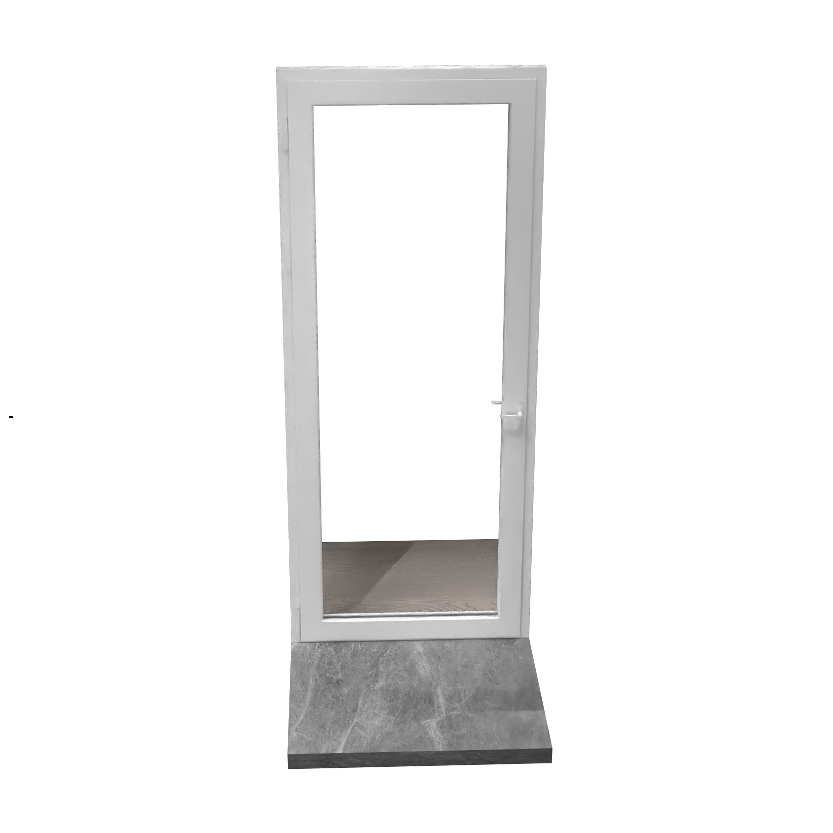 Glass panel swing door open, bright background