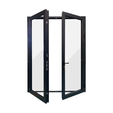Versatile hinged glass door with black metal frame