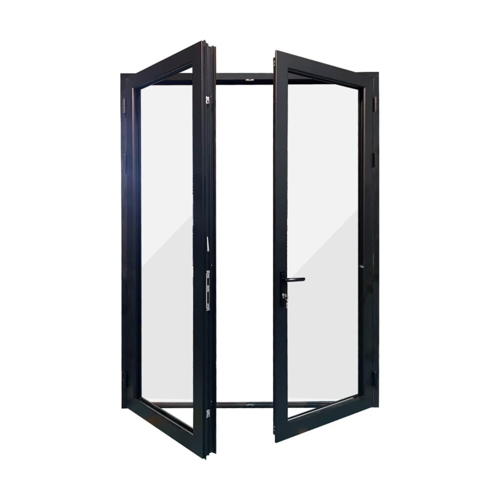 Black aluminum folding glass door with open panels.
