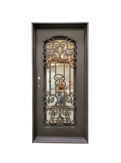 Decorative wrought iron entry door with scrollwork on solid frame