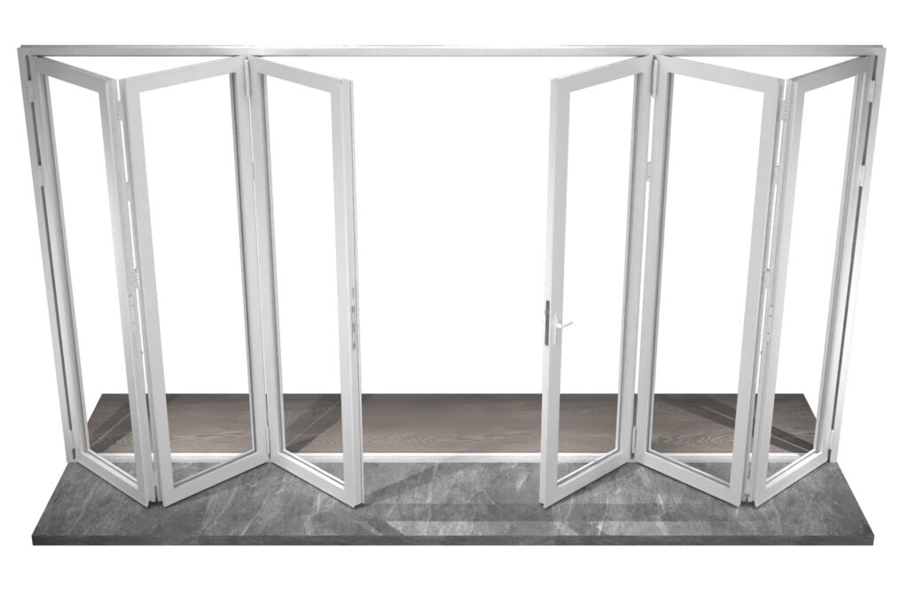 White aluminum 6-panel bifold door fully opened