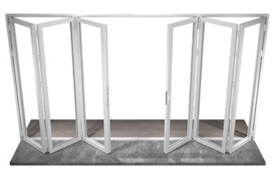 White aluminum 6-panel bifold door fully opened
