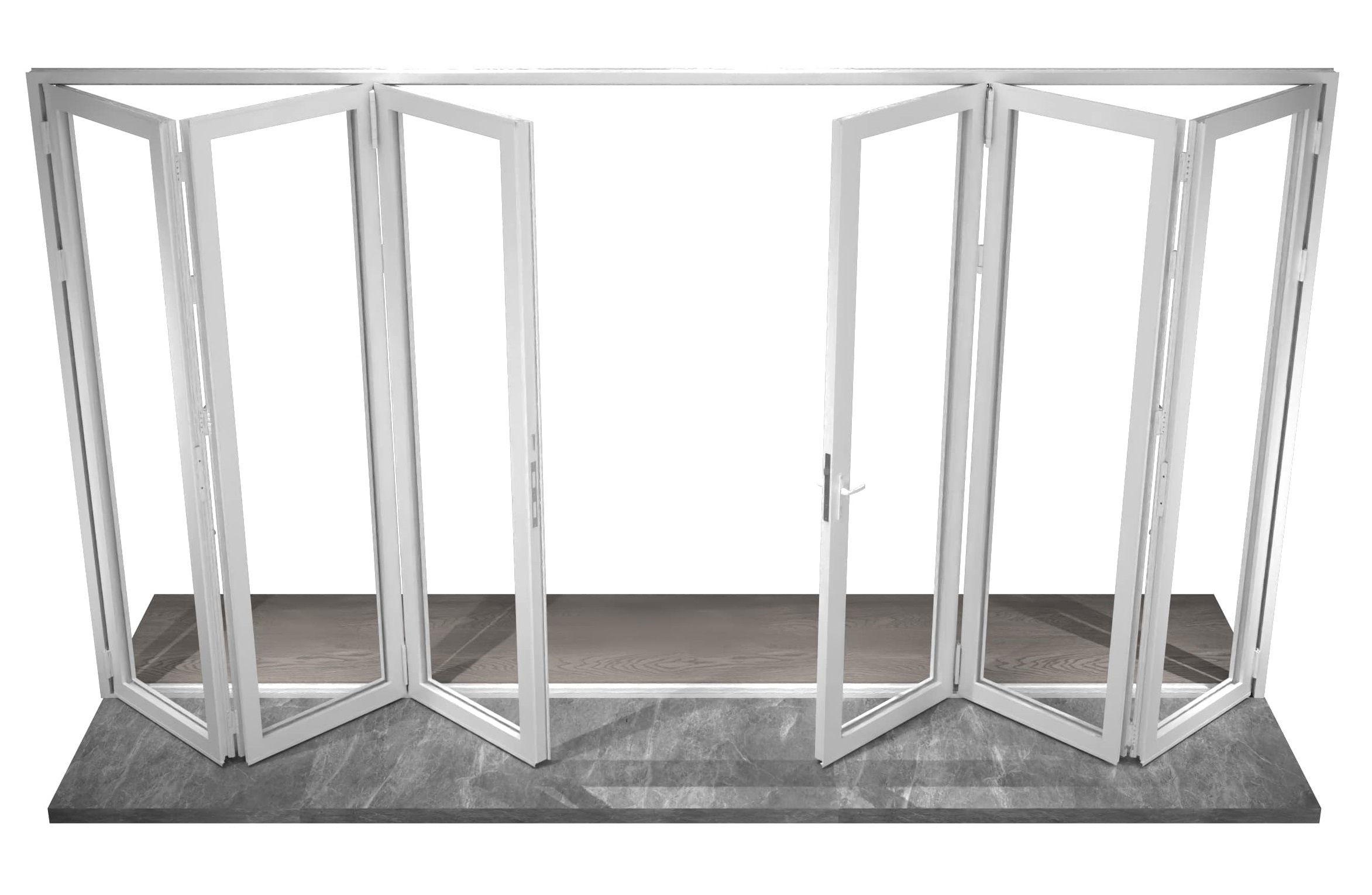 White aluminum 6-panel bifold door fully opened