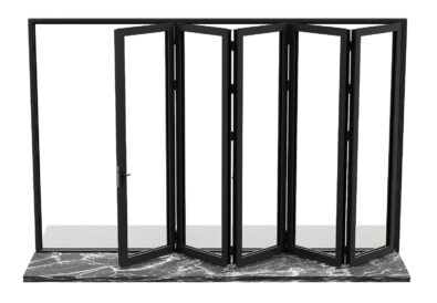 Modern black frame folding door set with marble flooring