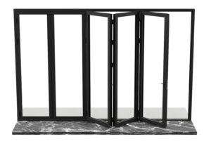 Modern folding glass doors with slim black frames, open style