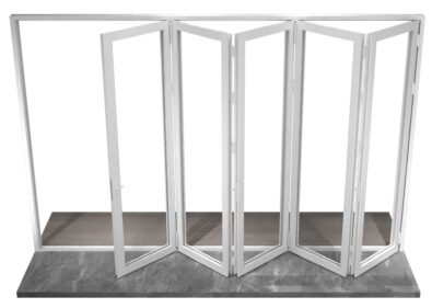 Minimalist white six-panel glass folding door