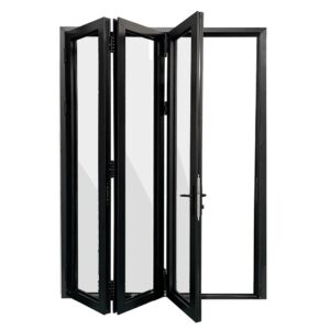 Black aluminum bifold door fully opened
