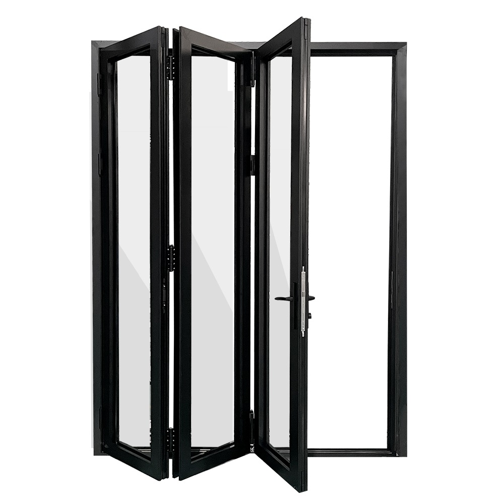 Black aluminum bifold door fully opened